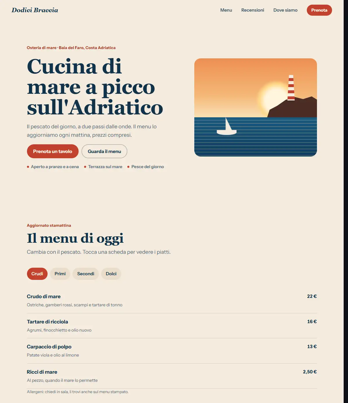 Demo di sito vetrina per un'osteria di mare: foto del locale, menu del giorno con i prezzi e pulsante per prenotare un tavolo