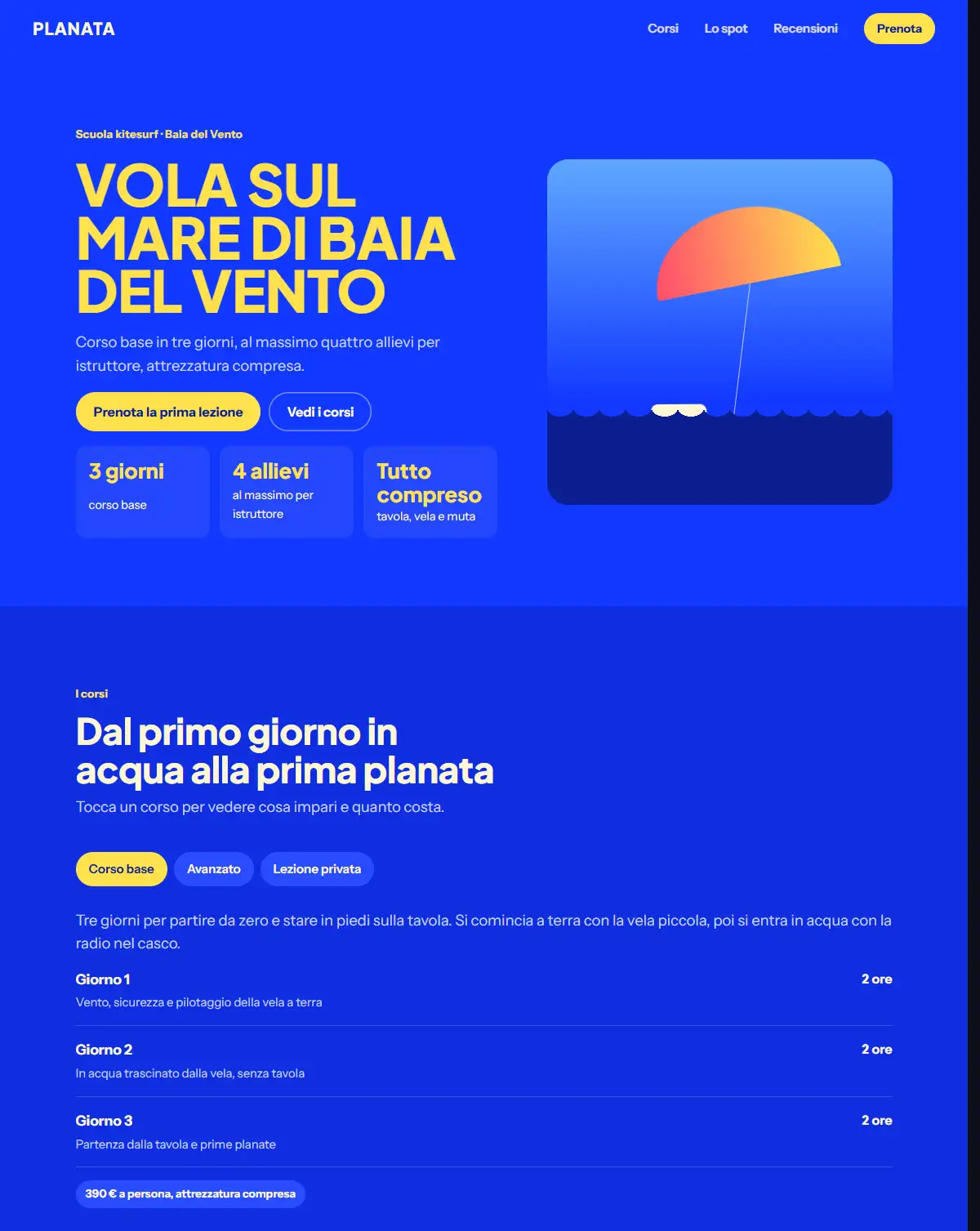 Demo di landing page per una scuola di kitesurf: corso base di tre giorni, gruppi piccoli, attrezzatura compresa e prenotazione su WhatsApp