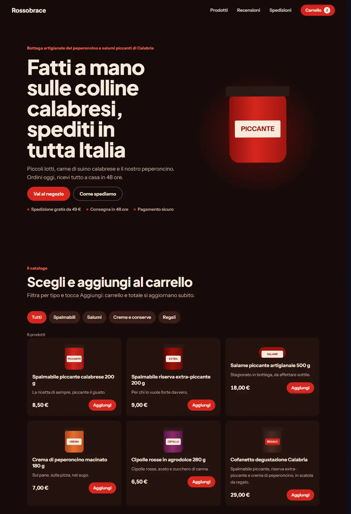 Demo di negozio online di prodotti piccanti calabresi: catalogo dei prodotti con i prezzi, pulsanti per aggiungere al carrello e informazioni sulla spedizione