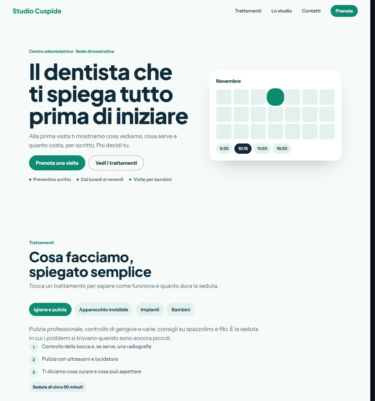 Demo di sito per uno studio dentistico: calendario per prenotare la visita, elenco dei trattamenti e pulsante per chiamare lo studio